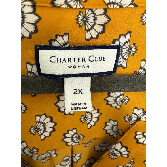 Charter Club Woman Mustard Floral Button Down Ruffle Blouse 2X Bell Sleeve - Picture 5 of 7